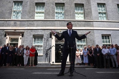 Britain's new Prime Minister Andy Burnham gives his first speech in front of 10 Downing Street in central London on July 20, 2026, after being asked by the king to form the next government. (Photo by HENRY NICHOLLS / AFP)