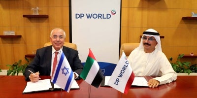 A handout picture released by DP World, the Dubai-based ports operator, on September 16, 2020 shows the group's Chairman and CEO, Sultan Ahmed bin Sulayem (R), and Shlomi Fogel, the owner of DoverTower, the co-owner of Israel Shipyards and Port of Eilat, signing an agreement in Dubai. (Photo by DP WORLD / AFP) 