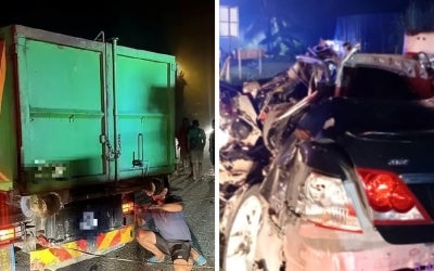 Six men were killed after the car they were travelling in collided with a one-tonne lorry on Jalan Karak Lama heading towards Temerloh, near Klinik Desa Jambu Rias in Bentong early this morning. Photo: Fire and Rescue Department
