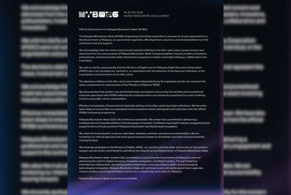 Malaysia Blockchain Week (MYBW) has apologised over controversy involving its after-party promotional materials, clarifying that the Ministry of Digital and Malaysia Digital Economy Corporation (MDEC) were not involved. - Photo source: Instagram / @malaysiabcw
