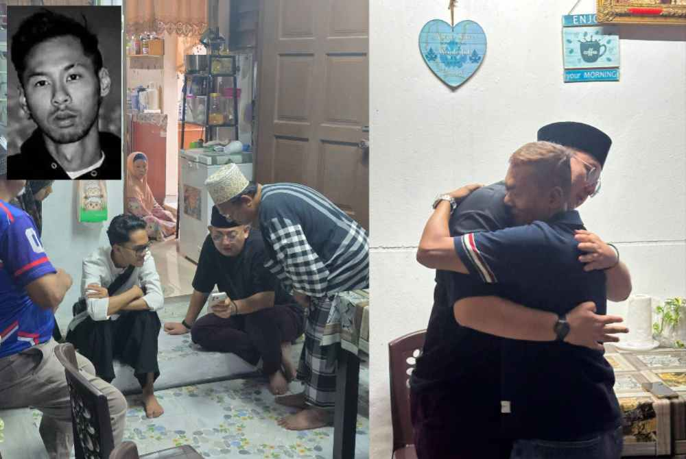 Umno Youth exco member Shah Zanuriman Nuar Paras Khan (second from right) visits the family of the late Ahmad Shah Ahmad Ros (inset) on Wednesday.