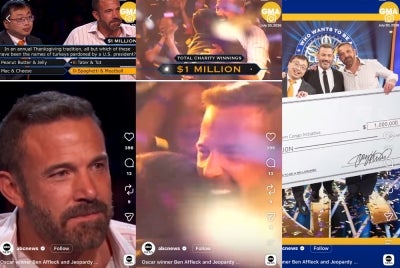 Hollywood A-lister Ben Affleck has joined the exclusive club of Who Wants to Be a Millionaire jackpot winners after securing the programme's US$1 million (RM4.2 million) top prize. Screenshots from video uploaded on @abcnews Instagram account.