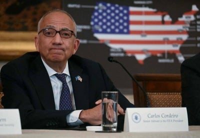Senior Advisor to the FIFA President Carlos Cordeiro looks on as he attends a meeting of the White House Task Force on the FIFA World Cup 2026, in the East Room of the White House in Washington, DC, on May 6, 2025. - (Photo by JIM WATSON / AFP)