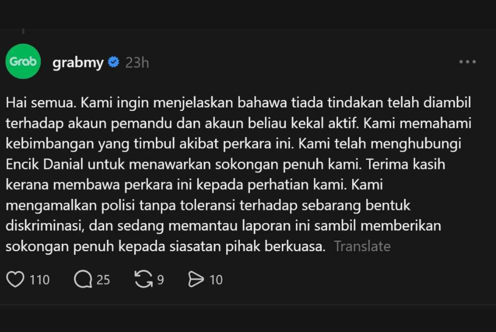 Screenshot of Grab Malaysia's official statement on Threads, confirming that the driver's account remains active and that no action has been taken against him.