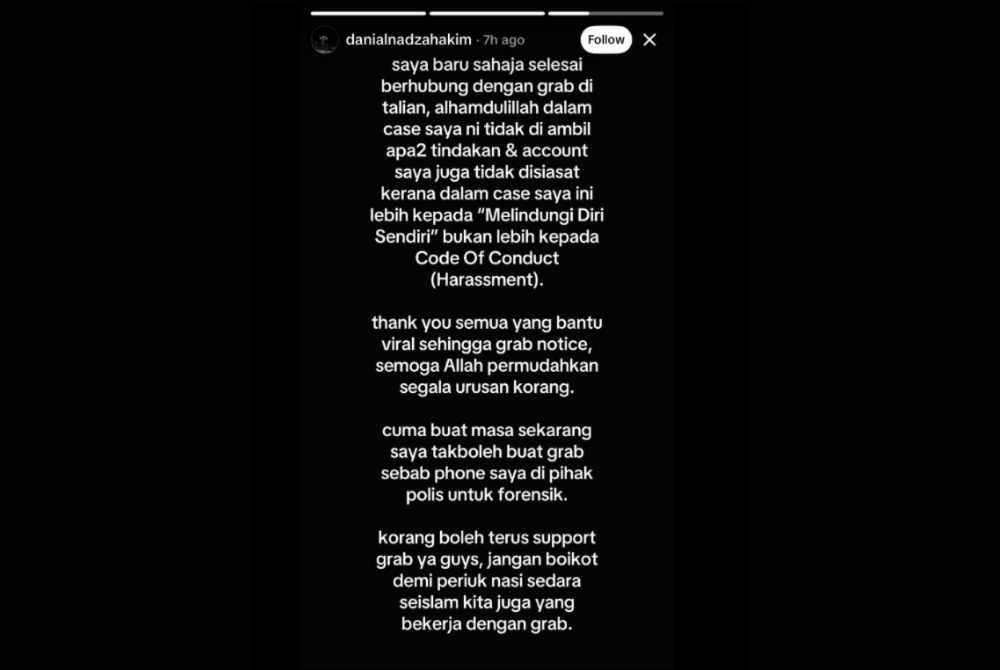 Screenshot of Grab driver Danial Nadz Hakim's social media post, in which he claimed he had been informed his account could be permanently banned before Grab later clarified the matter.