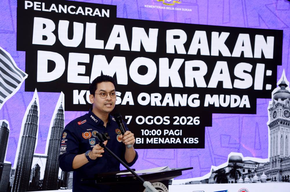 Minister of Youth and Sports Dr Mohammed Taufiq Johari speaking at the Launching Ceremony of the Month of Friends of Democracy: Youth Power 2026 at Menara KBS today. BERNAMA photo
