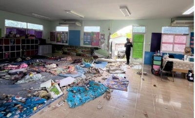 Thirteen children were injured after debris from a collapsed wall fell on them when a car crashed into a child development centre in Kanchanaburi province in western Thailand on Friday. Photo taken from the Bangkok Post