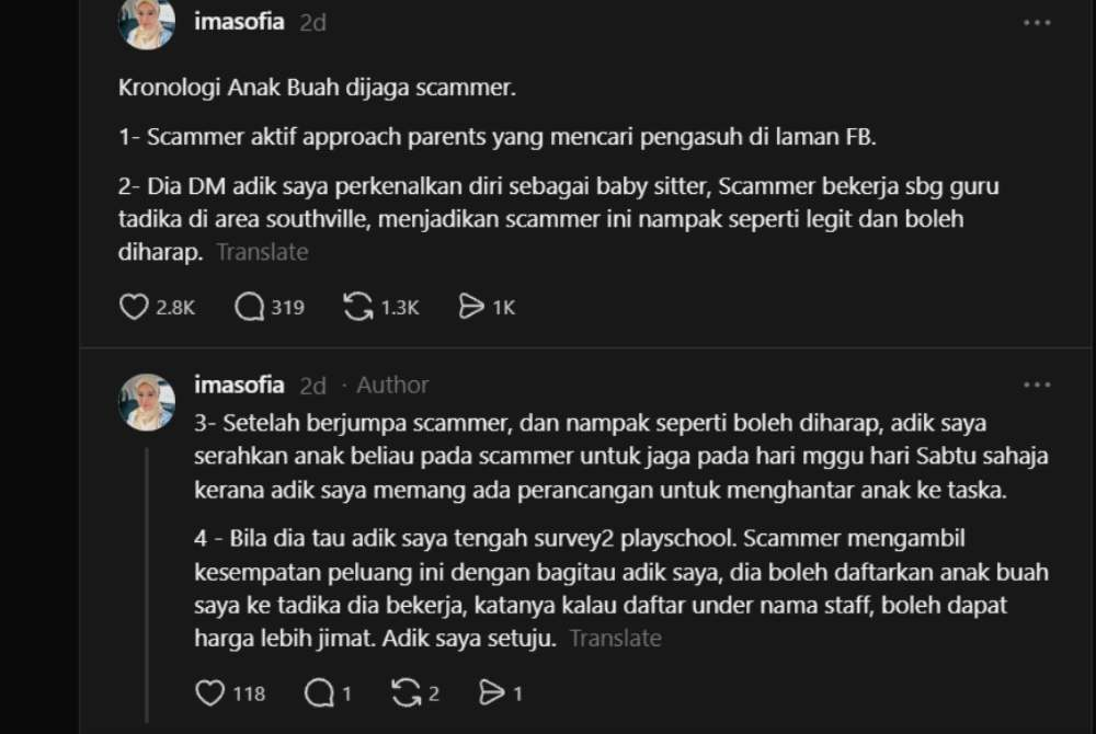 Screenshot from Syira's sister's Threads account, @imasofiaimasofia, detailing the alleged babysitting scam. – Screenshot from @imasofiaimasofia/Threads