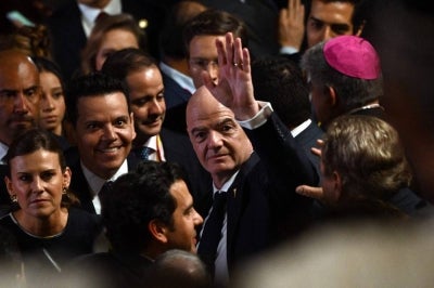 FIFA's president Gianni Infantino waves on arrival for the swearing-in ceremony of Colombia's new President Abelardo de la Espriella at Universidad Santiago de Cali in Cali, Colombia. AFP FILE PIX