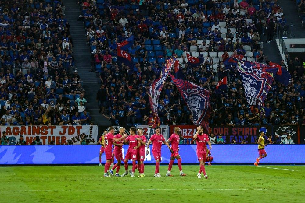 JDT players celebrate after scoring against Chelsea FC during the international friendly match between JDT and Chelsea FC at Sultan Ibrahim Stadium on Sunday. Photo by Bernama