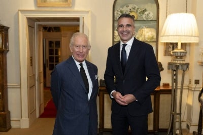 Britain's King Charles III receives Peter Malinauskas MP, Premier of South Australia, during an audience at Clarence House in London on September 10, 2025. (Photo by Aaron Chown / POOL / AFP)
