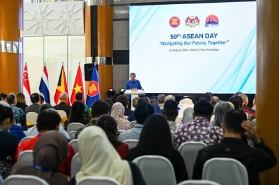 Foreign Minister Datuk Seri Mohamad Hasan delivers his remarks during the 59th ASEAN Day celebration at Wisma Putra today. - BERNAMA photo
