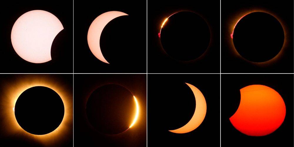 This combination of pictures taken on August 12, 2026 shows the different stages of the total solar eclipse as seen from Lodoso, Burgos province. Millions of Europeans contemplated the sky in awe today during a rare total solar eclipse that plunged a swathe of Spain into an eerie daytime darkness. Photo by AFP