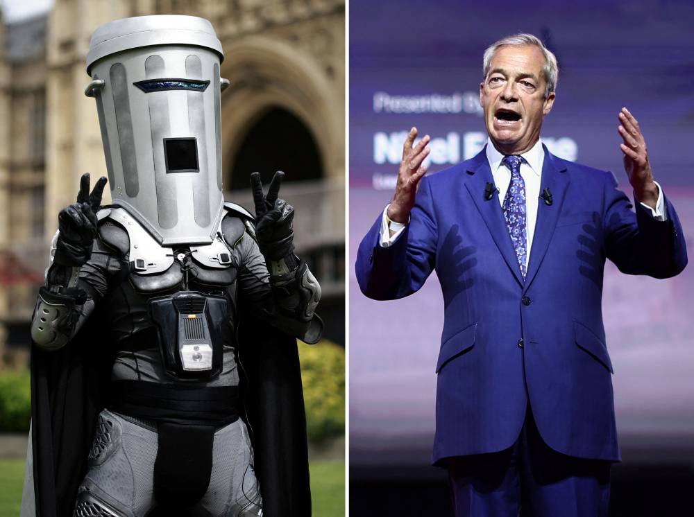 This combination of file photos created on August 10, 2026 shows then-London mayoral candidate Count Binface (L) posing for a photo on College Green beside the Palace of Westminster in London on April 25, 2024; and Reform UK leader Nigel Farage (R) speaking during the inaugural Conservative Political Action Conference Great Britain in south-east London on July 17, 2026. Hard-right UK politician Nigel Farage will be fighting for his parliamentary seat in snap polls on August 13, 2026, going head-to-head with parody candidate Count Binface in a snap election. The by-election was called after Farage, leader of the anti-immigration Reform UK party, resigned last month as MP for Clacton-on-Sea. (Photo by Henry Nicholls / AFP)