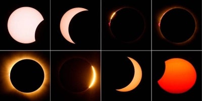 This combination of pictures taken on August 12, 2026 shows the different stages of the total solar eclipse as seen from Lodoso, Burgos province. Millions of Europeans contemplated the sky in awe today during a rare total solar eclipse that plunged a swathe of Spain into an eerie daytime darkness. Photo by AFP