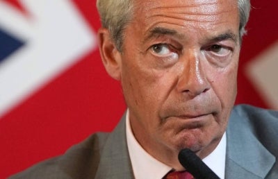 TOPSHOT - Reform UK Leader Nigel Farage attend a press conference in central London on August 10, 2026, days ahead of the Clacton by-election in eastern England. (Photo by CARLOS JASSO / AFP)