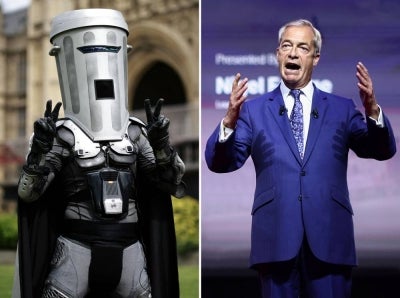 This combination of file photos created on August 10, 2026 shows then-London mayoral candidate Count Binface (L) posing for a photo on College Green beside the Palace of Westminster in London on April 25, 2024; and Reform UK leader Nigel Farage (R) speaking during the inaugural Conservative Political Action Conference Great Britain in south-east London on July 17, 2026. Hard-right UK politician Nigel Farage will be fighting for his parliamentary seat in snap polls on August 13, 2026, going head-to-head with parody candidate Count Binface in a snap election. The by-election was called after Farage, leader of the anti-immigration Reform UK party, resigned last month as MP for Clacton-on-Sea. (Photo by Henry Nicholls / AFP) 
