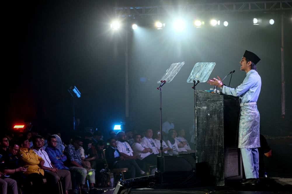 Angkatan Muda Keadilan (AMK) chief Muhammad Kamil Abdul Munim delivers his policy speech at the 2026 AMK National Congress at the Melaka International Trade Centre Ayer Keroh, yesterday. - Photo by Bernama