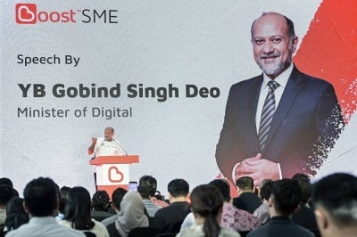 Digital Minister Gobind Singh Deo delivers a speech during the Boost SME Platform Launch. - BERNAMA photo