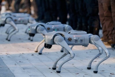 K9-X robots dog are pictured during a presentation by Mexican police at the BBVA Stadium in Monterrey, Mexico, on Feb 11, 2026. - (Photo by JULIO CESAR AGUILAR / AFP)