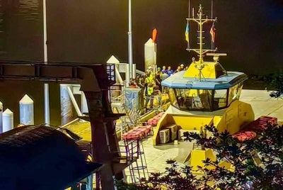 A ship collided with a Penang ferry near the Sultan Abdul Halim Ferry Terminal (PSAH) on Tuesday night, injuring 21 people. Photo: The Star