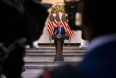 US President Donald Trump speaks while hosting a Rose Garden dinner at the White House in Washington, DC, on Sept 2, 2026. - (Photo by BRENDAN SMIALOWSKI / AFP)