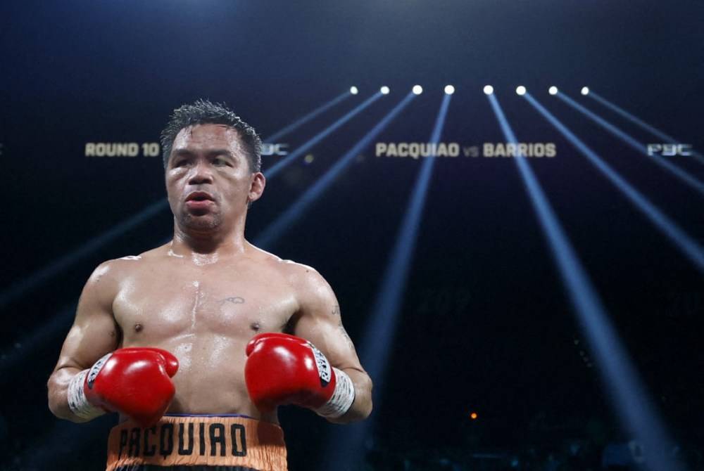 Manny Pacquiao during his WBC welterweight title fight with Mario Barrios ending in a majority draw at MGM Grand Garden Arena on July 19, 2025 in Las Vegas, Nevada. - (Photo by Harry How / GETTY IMAGES NORTH AMERICA / Getty Images via AFP)