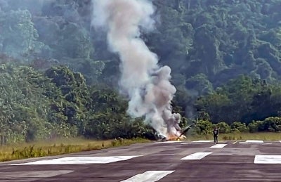 A BO-105 helicopter carrying five people, including the pilot, crashed near Long Lellang Short Take-Off and Landing Airport (STOLport), about 929 kilometres from Kuching today. - Photo by Bernama