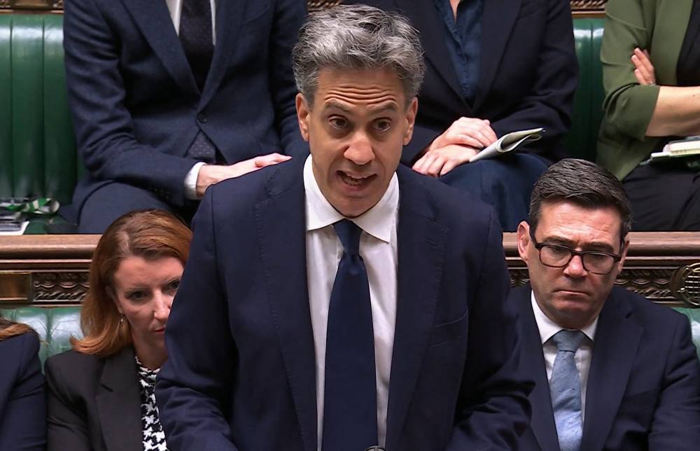 In this video grab taken from footage broadcast by the UK Parliamentary Recording Unit (PRU) via the Parliament TV website in the House of Commons on Sept 8, 2026, Britain's Foreign Secretary Ed Miliband delivers a speech on an import ban of goods from illegal settlements in occupied Palestinian territories. - (Photo by PRU / AFP)