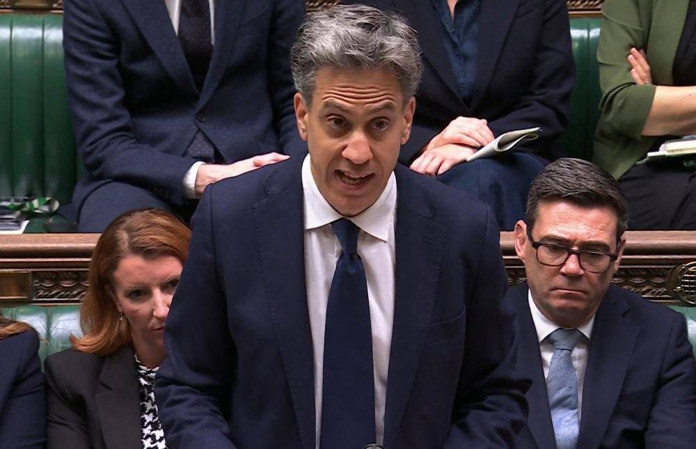 Video grab taken from footage broadcast by the UK Parliamentary Recording Unit (PRU) via the Parliament TV website, Britain's Foreign Secretary Ed Miliband delivers a speech in the House of Commons on an import ban on goods from illegal settlements in the occupied Palestinian territories. -AFP PIX