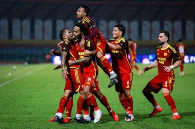Selangor FC player Eduardo Jose Sosa Vegas celebrates with teammates after scoring in the round of 16 match of the 2026/2027 FA Cup at the Petaling Jaya City Council Stadium. Photo by Bernama