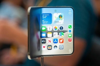 The new foldable iPhone Duo is displayed during an Apple event at the Steve Jobs Theater in Apple Park in Cupertino. Photo by AFP