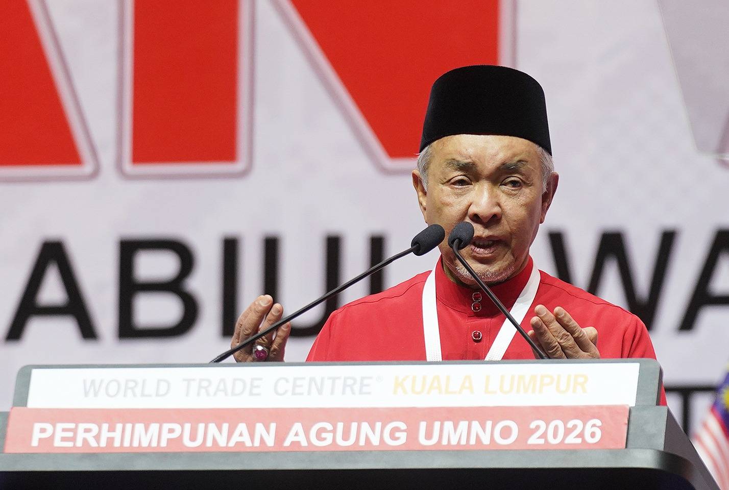 Umno president Datuk Seri Ahmad Zahid Hamidi delivering his presidential policy speech at the Umno General Assembly 2026 today. - Photo by ROSLI TALIB