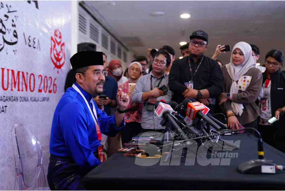 Asyraf Wajdi speaking at a press conference held in conjunction with the 2026 Umno General Assembly at the World Trade Centre Kuala Lumpur (WTCKL) here on Saturday. (PHOTO BY HALIM WAHID)