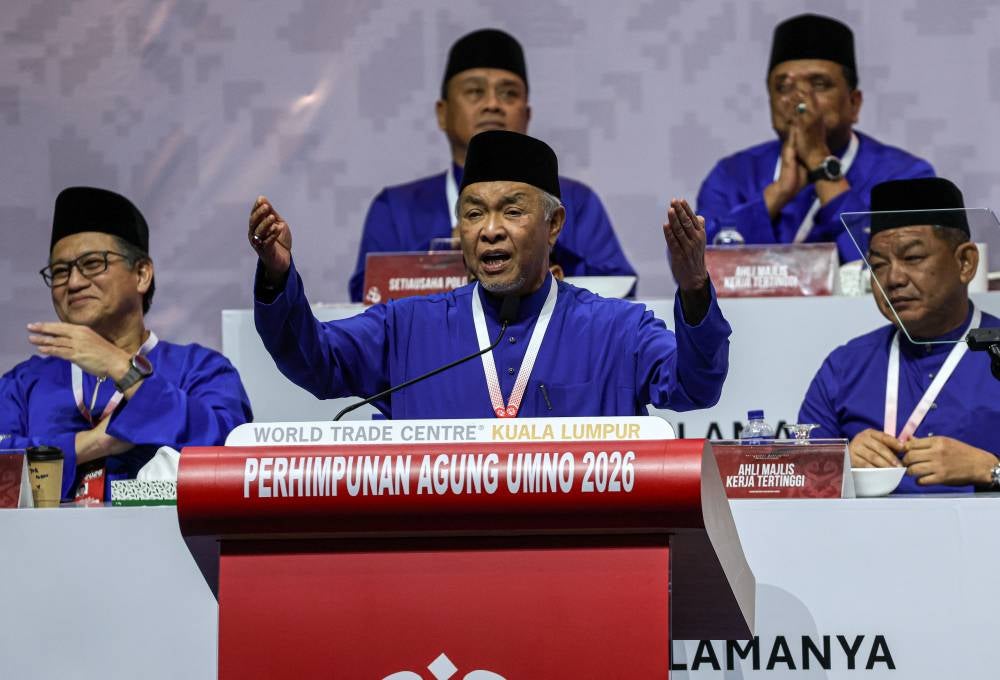 Deputy Prime Minister who is also Umno President Datuk Seri Dr Ahmad Zahid Hamidi delivered the closing speech of the 2026 UMNO General Assembly at Dewan Merdeka, Kuala Lumpur World Trade Center today. (BERNAMA PHOTO) 