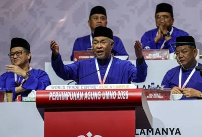 Deputy Prime Minister who is also Umno President Datuk Seri Dr Ahmad Zahid Hamidi delivered the closing speech of the 2026 UMNO General Assembly at Dewan Merdeka, Kuala Lumpur World Trade Center today. (BERNAMA PHOTO) 