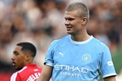 Manchester City's Norwegian striker #09 Erling Haaland looks on during the English Premier League football match between Manchester United and Manchester City. Photo by AFP