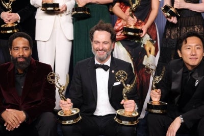 (From left) Kevin Carroll, Matthew Rhys, winner of the Outstanding Lead Actor in a Comedy Series award for “Widow’s Bay” and the Outstanding Lead Actor in a Limited or Anthology Series or Movie award for “The Beast in Me”, and Hiro Murai, winner of the Outstanding Directing for a Comedy Series award for “Widow’s Bay”, pose in the press room during the 78th Primetime Emmy Awards at the Peacock Theater in Los Angeles, California. -AFP