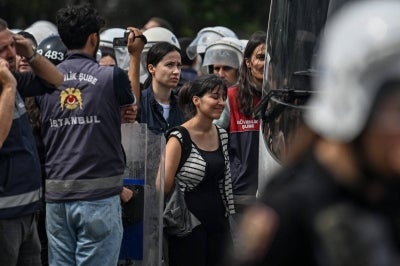 All 106 had been detained outside an Istanbul courthouse on Tuesday where rights activists were to read out a statement denouncing sweeping raids targeting members and activists of the LGBTQ community. (Photo by Ozan KOSE / AFP)