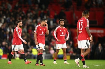 It was another brutal blow for United after their controversial 1-0 home defeat against Manchester City on Sunday. (Photo by Oli SCARFF / AFP)
