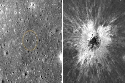 This handout combo picture published on Sept 16, 2026 by NASA, shows a before the impact (L) and after the creation of a new crater on the Moon's surface, taken by the Lunar Reconnaissance Orbiter Camera. - (Photo by Handout / NASA / AFP)