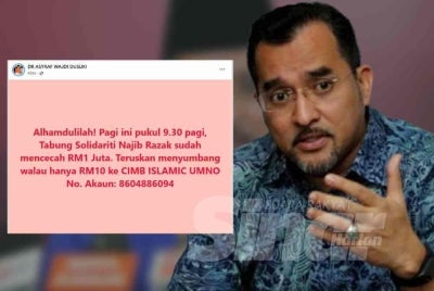 The Najib Razak Solidarity Fund launched to help former prime minister Datuk Seri Najib Razak pay his RM50 million fine has reached RM1 million. Umno secretary-general Datuk Dr Asyraf Wajdi Dusuki said the amount was recorded at 9.30am on Saturday, a day after the fund was launched.