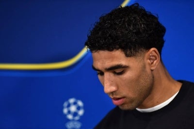 Paris Saint-Germain's Moroccan defender #02 Achraf Hakimi. (Photo by PETER POWELL / AFP)
