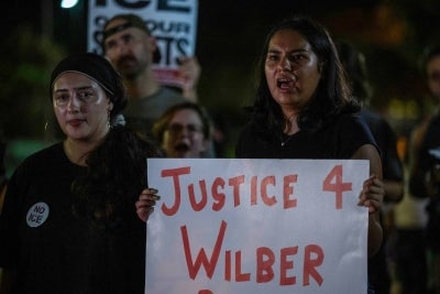 People protest outside the Texas State Capitol in Austin, Texas, on September 21, 2026. (Photo by RONALDO SCHEMIDT / AFP)