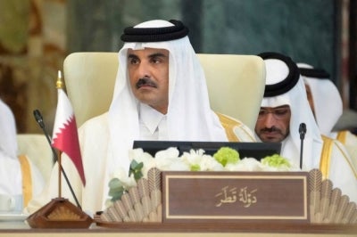 Emir of Qatar Sheikh Tamim bin Hamad Al Thani. (Photo by Hadi Mizban / POOL / AFP)