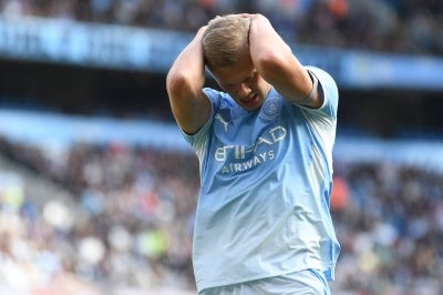 Manchester City's Norwegian striker #09 Erling Haaland. (Photo by PETER POWELL / AFP) / 