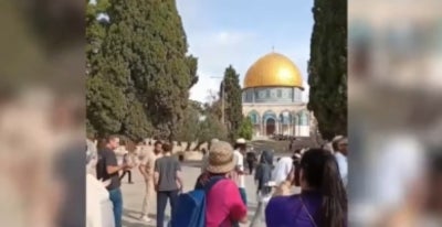 A screen grab showing Israeli settlers during an incursion into the Al-Aqsa Mosque compound in occupied East Jerusalem. – Source: Social media platform 