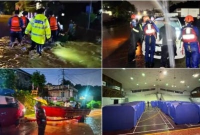 Authorities evacuated 118 flood victims from 41 families to four temporary relief centres in Penampang this morning after heavy overnight rain caused flooding. Photo: Sabah State Disaster Management Committee