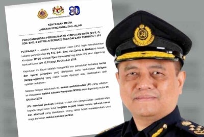 The services of My E.G. Sdn Bhd and Zetrix AI Berhad under the MYEG Group, as collecting agents on behalf of the Road Transport Department (JPJ), will be suspended effective Oct 5.