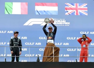SEPANG, Oct 4 -- Red Bull Racing driver Max Verstappen (center) lifts the trophy after winning the Formula 1 - Gulf Air Bahrain race at the Sepang International Circuit (SIC) today. Mercedes AMG Petronas driver Kimi Antonelli (right) finished second, and Scuderia Ferrari driver Lewis Hamilton finished third.
(BERNAMA PHOTO)